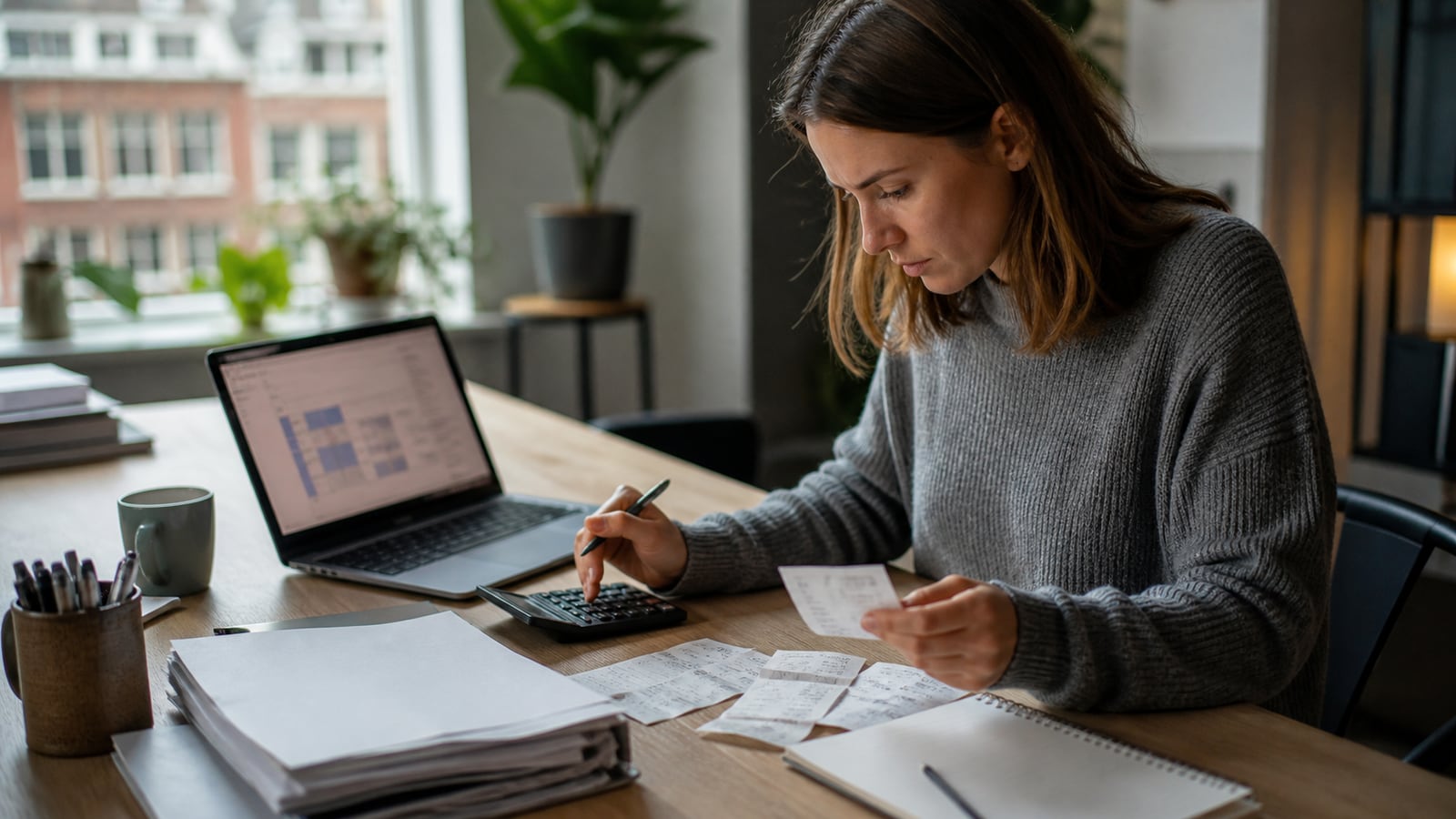 Marketingplanner die een realistisch budget met calculator controleert